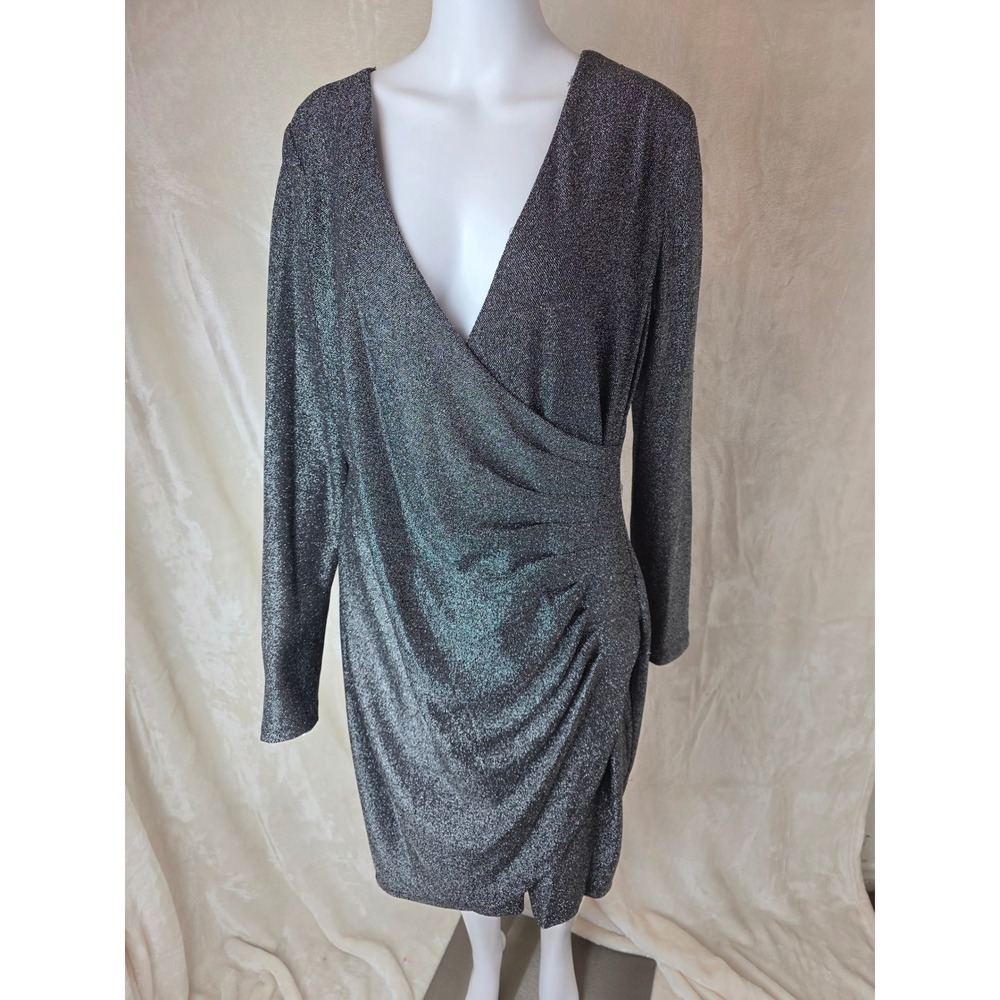 DKNY Women's Metallic Ruched Wrap V-Neck Long Sleeve Dress‎ Size 14